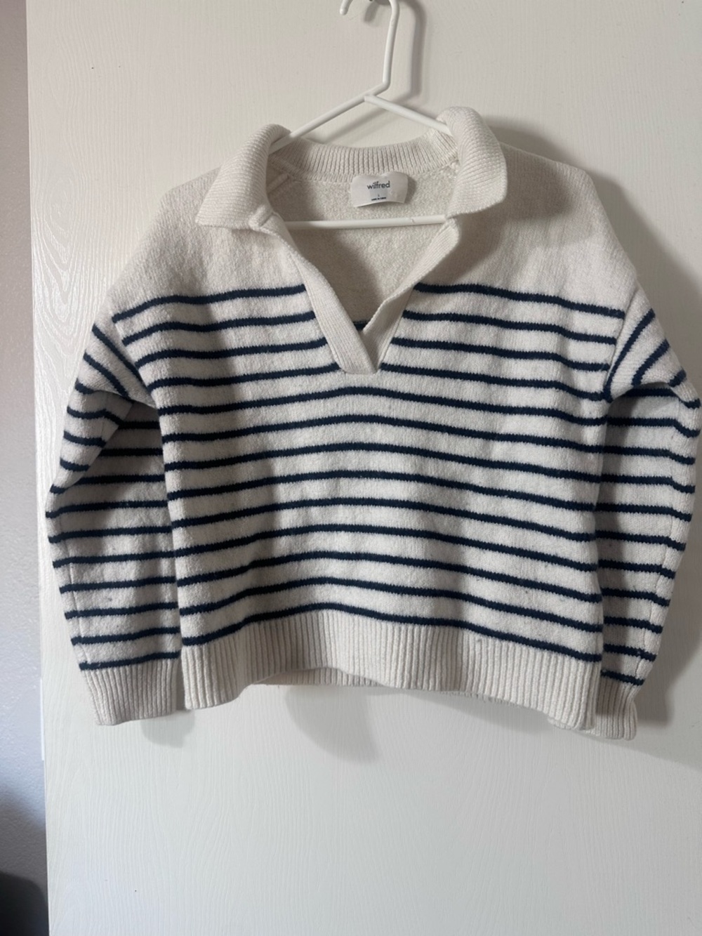 Aritzia Wilfred White & Navy Striped Collared Sweater